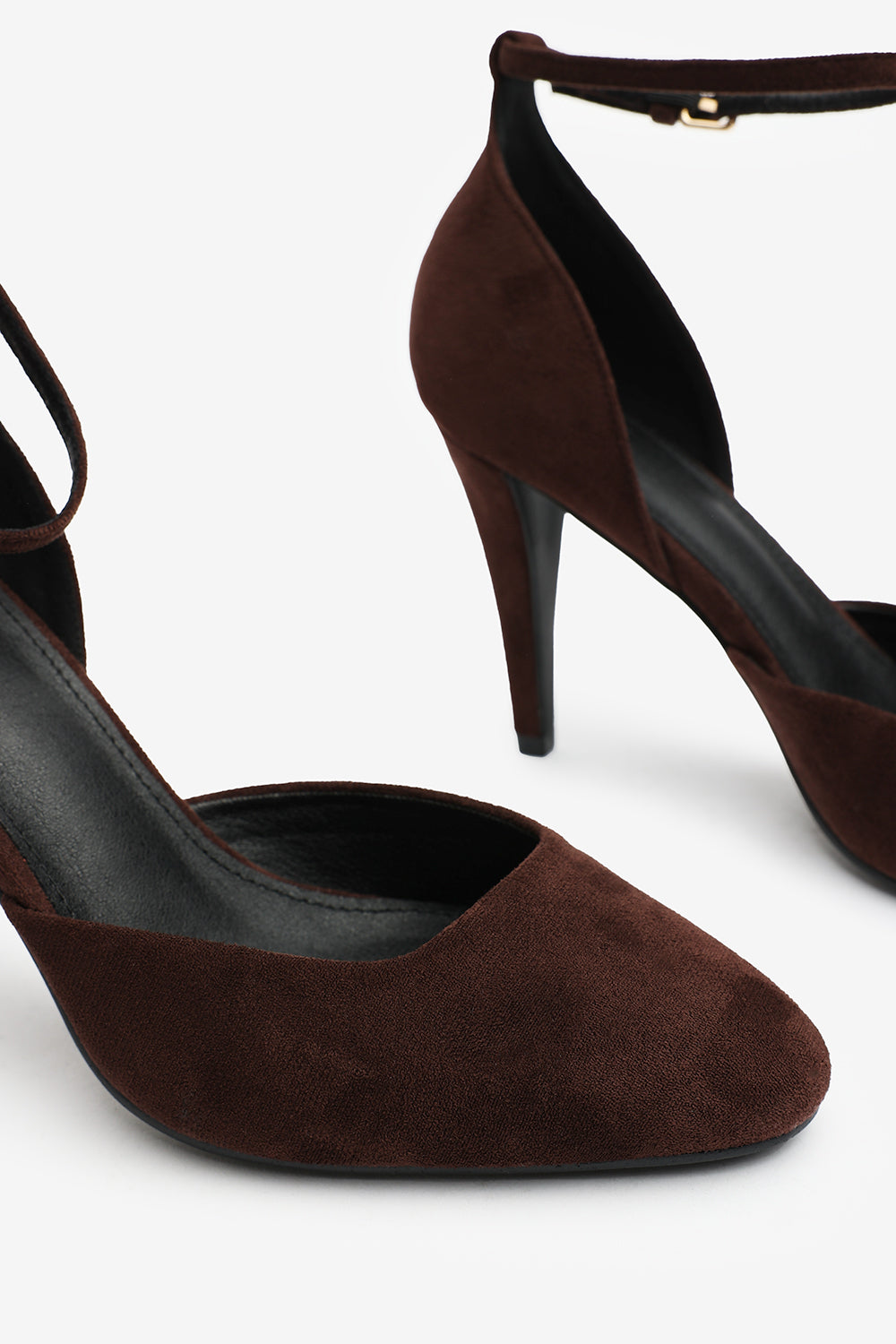 Piper Wide Fit Pointed Toe Heels With Ankle Strap In Dark Brown Suede