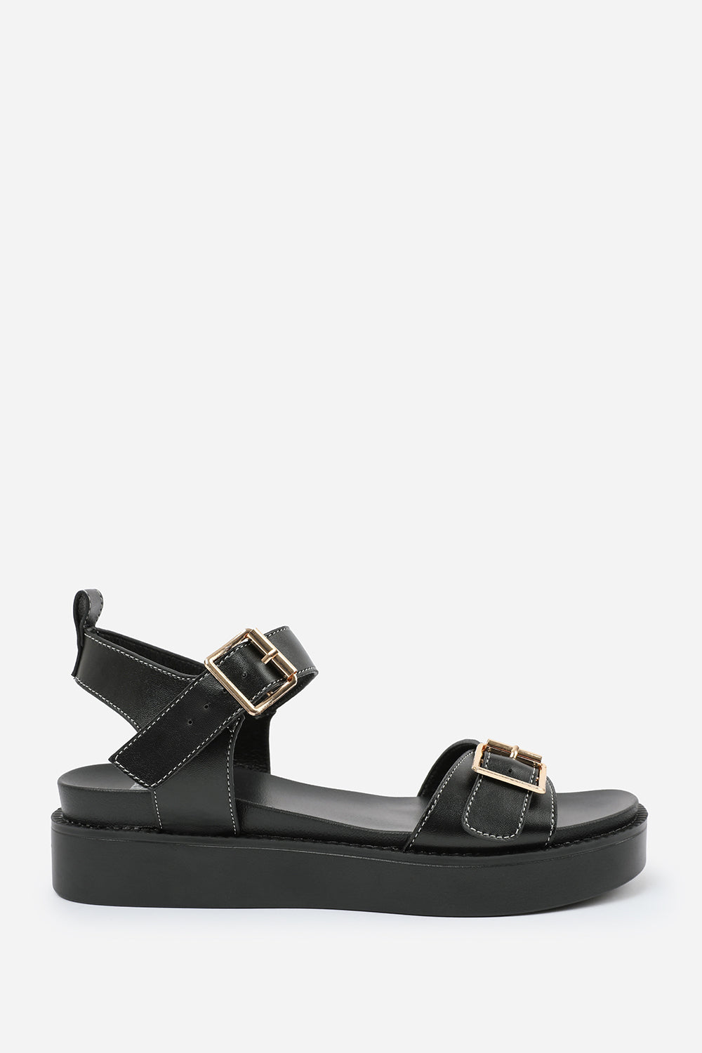 ISABEL DOUBLE BUCKLE STRAP PLATFORM SANDALS IN BLACK FAUX LEATHER