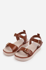 ISABEL WIDE FIT DOUBLE BUCKLE STRAP PLATFORM SANDALS IN TAN FAUX LEATHER