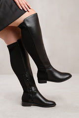 DIEM STRETCH WIDE CALF OVER THE KNEE BOOTS IN WIDE E FIT IN BLACK FAUX LEATHER