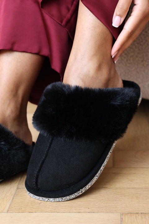 Dovina Diamante Trim Detail Faux Fur Trim Mule Slippers In Black Suede