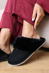 Dovina Diamante Trim Detail Faux Fur Trim Mule Slippers In Black Suede