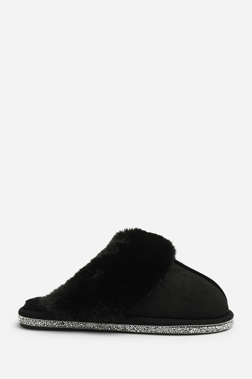 Dovina Diamante Trim Detail Faux Fur Trim Mule Slippers In Black Suede