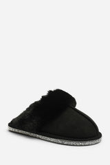 Dovina Diamante Trim Detail Faux Fur Trim Mule Slippers In Black Suede