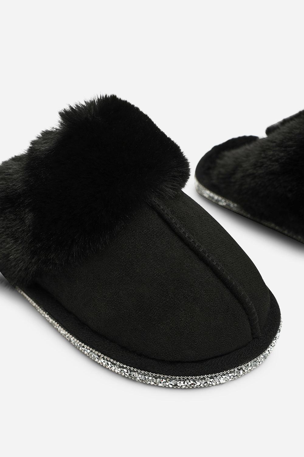 Dovina Diamante Trim Detail Faux Fur Trim Mule Slippers In Black Suede