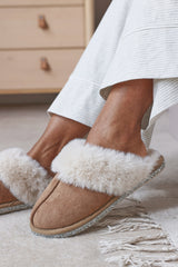 Dovina Diamante Trim Detail Faux Fur Trim Mule Slippers In Camel Suede