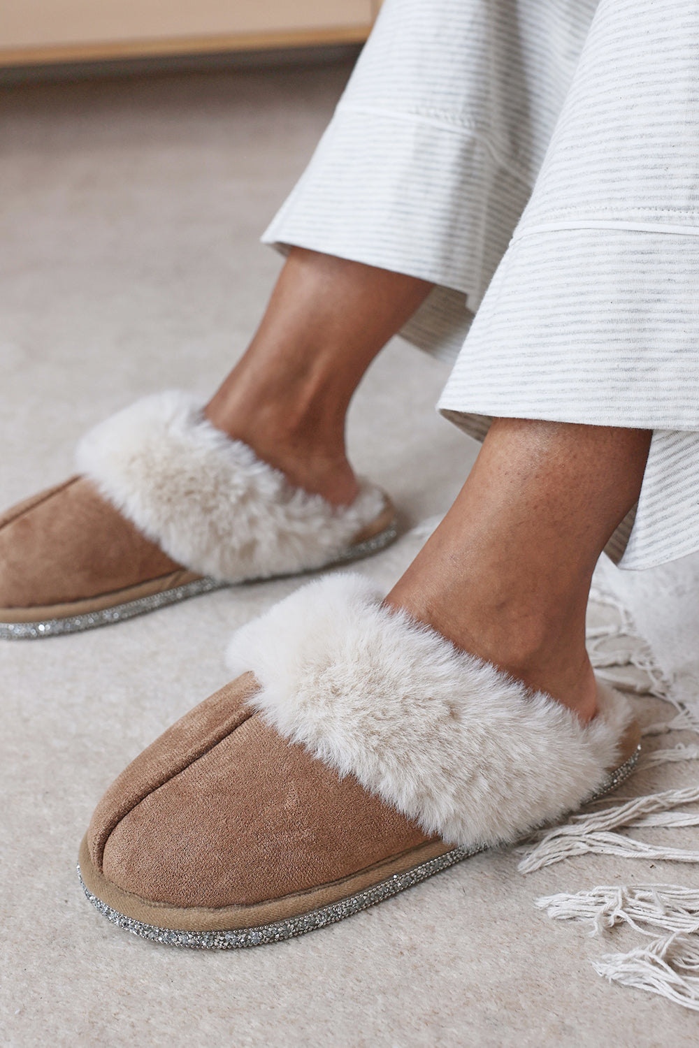 Dovina Diamante Trim Detail Faux Fur Trim Mule Slippers In Camel Suede