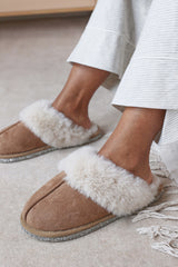 Dovina Diamante Trim Detail Faux Fur Trim Mule Slippers In Camel Suede