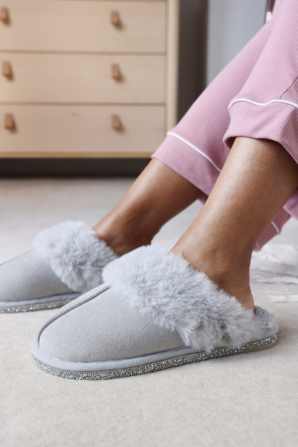 Dovina Diamante Trim Detail Faux Fur Trim Mule Slippers In Grey Suede