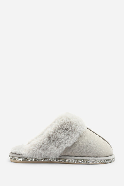 Dovina Diamante Trim Detail Faux Fur Trim Mule Slippers In Grey Suede