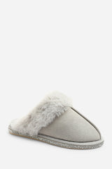 Dovina Diamante Trim Detail Faux Fur Trim Mule Slippers In Grey Suede