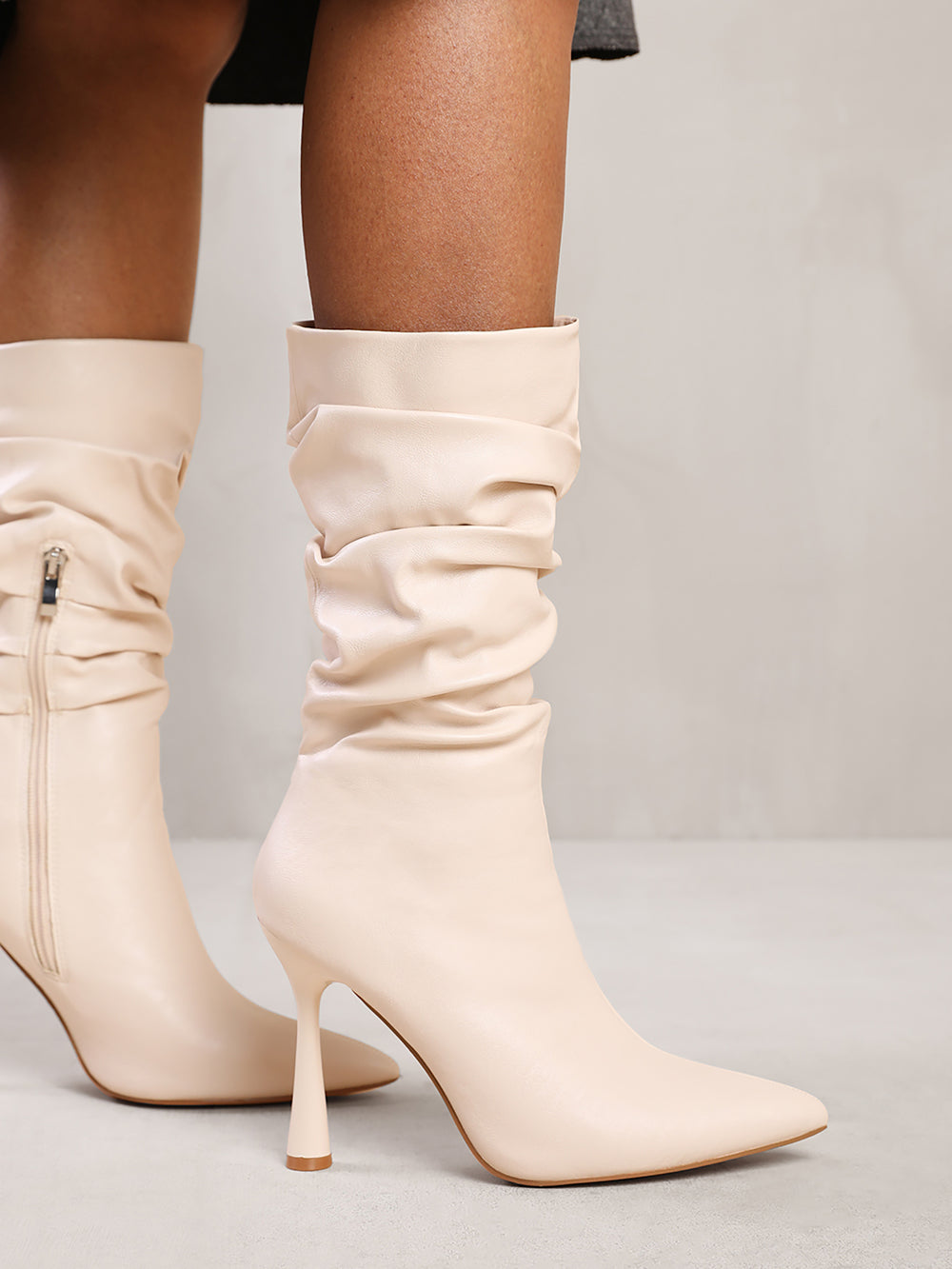 MAEVE MID CALF SLOUCH BOOT WITH HIGH HEEL IN CREAM FAUX LEATHER