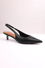 NEW FORM WIDE FIT LOW KITTEN HEELS WITH POINTED TOE & ELASTIC SLINGBACK IN BLACK FAUX LEATHER