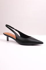 NEW FORM LOW KITTEN HEELS WITH POINTED TOE & ELASTIC SLINGBACK IN BLACK FAUX LEATHER