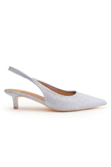 NEW FORM LOW KITTEN HEELS WITH POINTED TOE & ELASTIC SLINGBACK IN SILVER FINE GLITTER