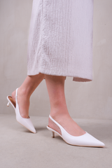 NEW FORM LOW KITTEN HEELS WITH POINTED TOE & ELASTIC SLINGBACK IN WHITE FAUX LEATHER
