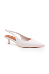 NEW FORM WIDE FIT LOW KITTEN HEELS WITH POINTED TOE & ELASTIC SLINGBACK IN WHITE FAUX LEATHER