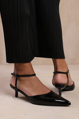 MALTA WIDE FIT LOW KITTEN HEELS WITH POINTED TOE AND ANKLE STRAP IN BLACK PATENT