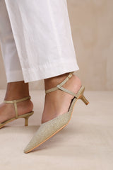 MALTA LOW KITTEN HEELS WITH POINTED TOE AND ANKLE STRAP IN GOLD FINE GLITTER