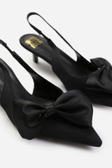 SANTORINI WIDE FIT LOW KITTEN HEELS WITH POINTED TOE AND BOW DETAIL IN BLACK SATIN