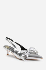 SANTORINI WIDE FIT LOW KITTEN HEELS WITH POINTED TOE AND BOW DETAIL IN SILVER