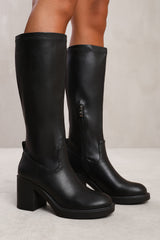 BETA KNEE HIGH BOOT WITH SIDE ZIP IN BLACK STRETCH FAUX LEATHER