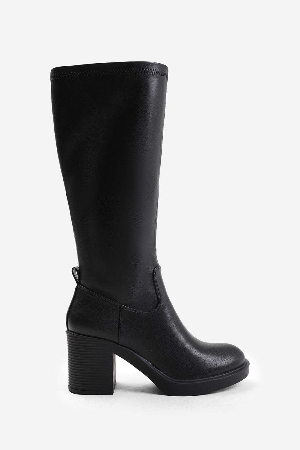 BETA KNEE HIGH BOOT WITH SIDE ZIP IN BLACK STRETCH FAUX LEATHER