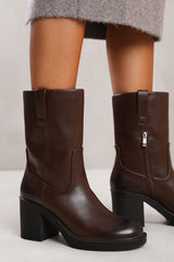 CHERISH MID CALF BOOT WITH SIDE ZIP IN DARK BROWN FAUX LEATHER