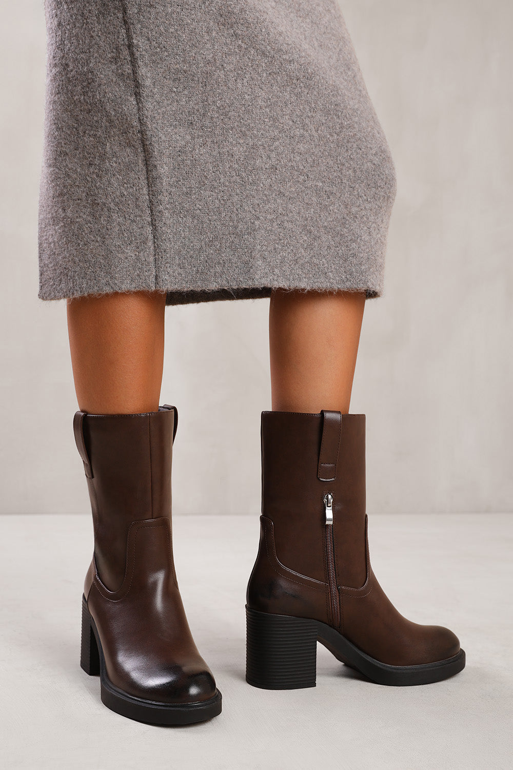 CHERISH MID CALF BOOT WITH SIDE ZIP IN DARK BROWN FAUX LEATHER