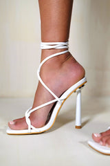 MAYA TWISTED TOE LOOP LACE UP HEELS IN WHITE FAUX LEATHER