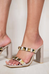 MAREN STRAPPY BLOCK HEEL WITH SQUARE TOE AND STUD DETAILS IN NUDE FAUX LEATHER