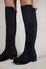 DIEM OVER THE KNEE PULL ON BOOTS WITH LOW HEEL IN BLACK SUEDE