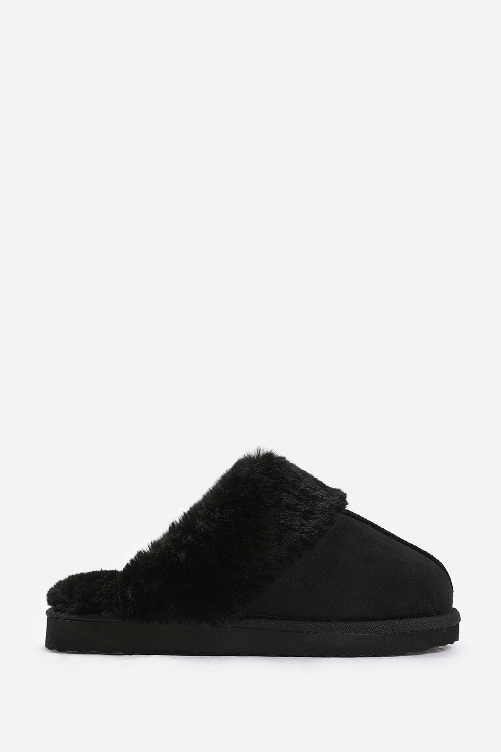 LOUNGE SLIP ON SLIPPERS WITH FUR TRIM IN BLACK SUEDE