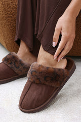 Comfort Brown Leopard Faux Fur Trim Mule Slipper