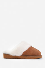 LOUNGE SLIP ON SLIPPERS WITH FUR TRIM IN CHESTNUT SUEDE