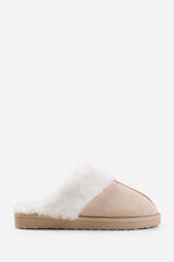 LOUNGE SLIP ON SLIPPERS WITH FUR TRIM IN CREAM SUEDE