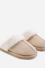 LOUNGE SLIP ON SLIPPERS WITH FUR TRIM IN CREAM SUEDE