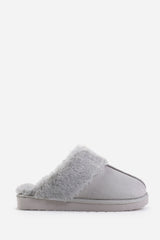 LOUNGE SLIP ON SLIPPERS WITH FUR TRIM IN GREY SUEDE