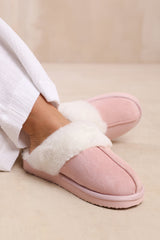 LOUNGE SLIP ON SLIPPERS WITH FUR TRIM IN PINK SUEDE