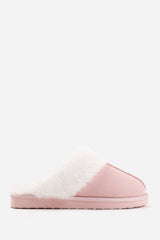 LOUNGE SLIP ON SLIPPERS WITH FUR TRIM IN PINK SUEDE