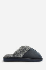 Comfort Blue Leopard Faux Fur Trim Mule Slipper
