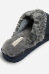 Comfort Blue Leopard Faux Fur Trim Mule Slipper