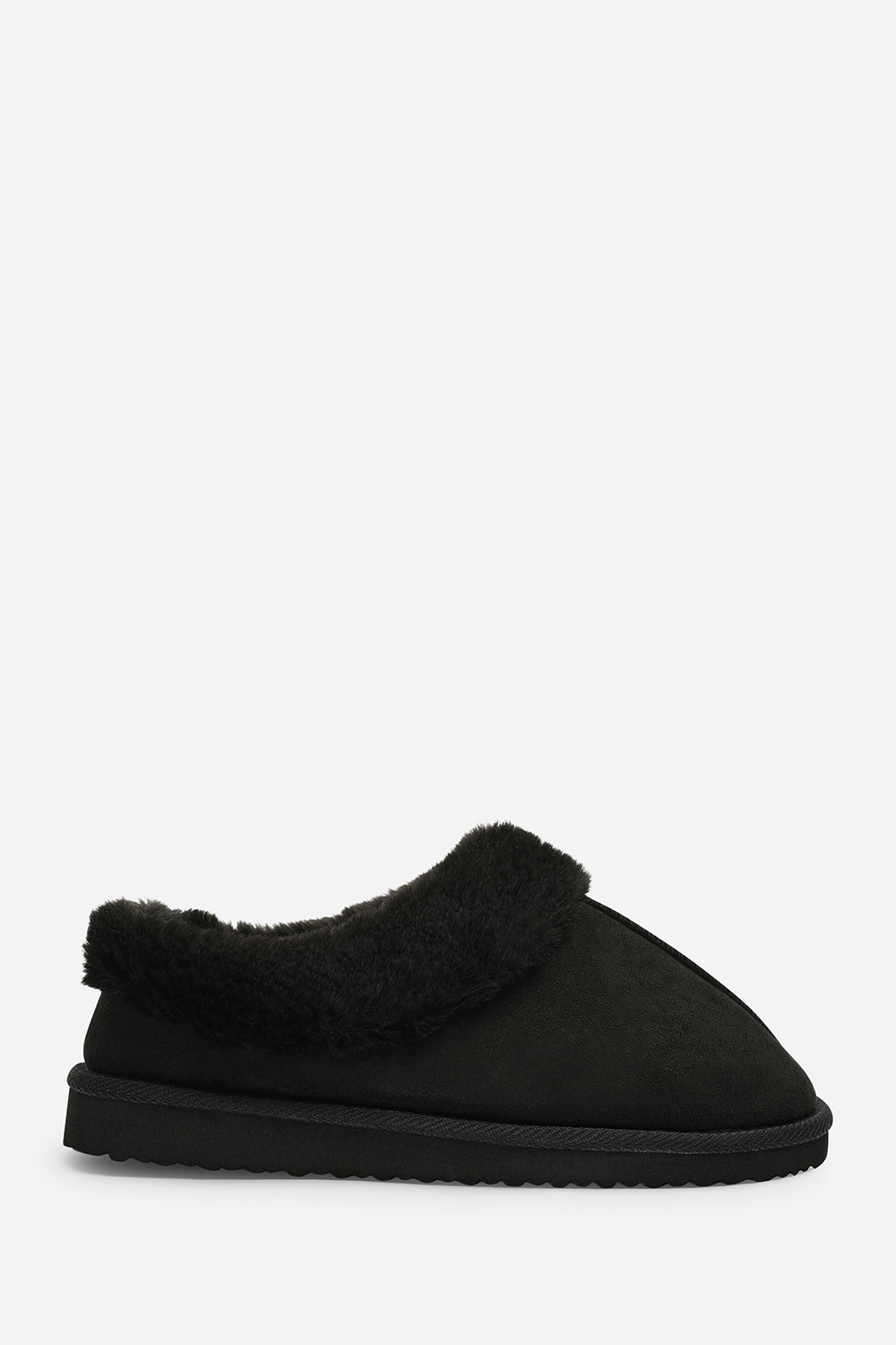 Inaya Black Faux Suede Mule Slippers With Faux Fur Collar Trim