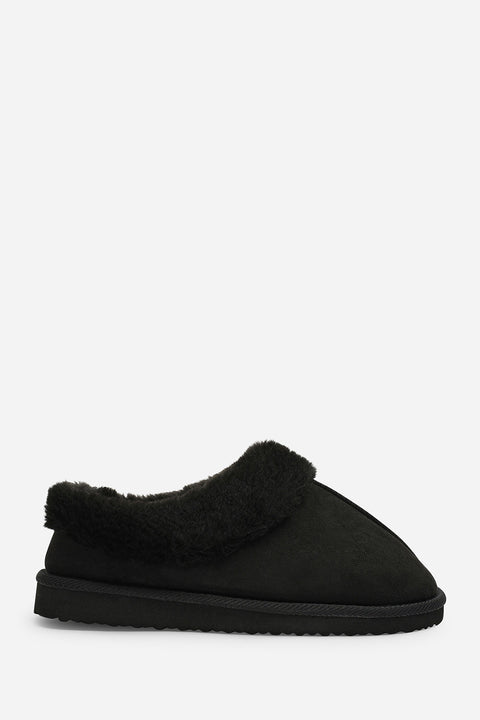 Inaya Black Faux Suede Mule Slippers With Faux Fur Collar Trim