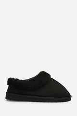 Inaya Black Faux Suede Mule Slippers With Faux Fur Collar Trim