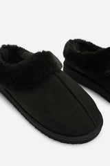 Inaya Black Faux Suede Mule Slippers With Faux Fur Collar Trim