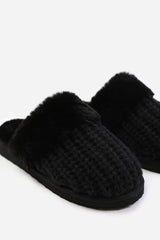 COMFORT SLIP ON KNITTED SLIPPERS WITH FUR TRIM IN BLACK YARN