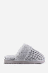 COMFORT SLIP ON KNITTED SLIPPERS WITH FUR TRIM IN LIGHT GREY YARN