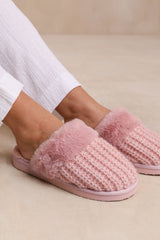 COMFORT SLIP ON KNITTED SLIPPERS WITH FUR TRIM IN LIGHT PINK YARN