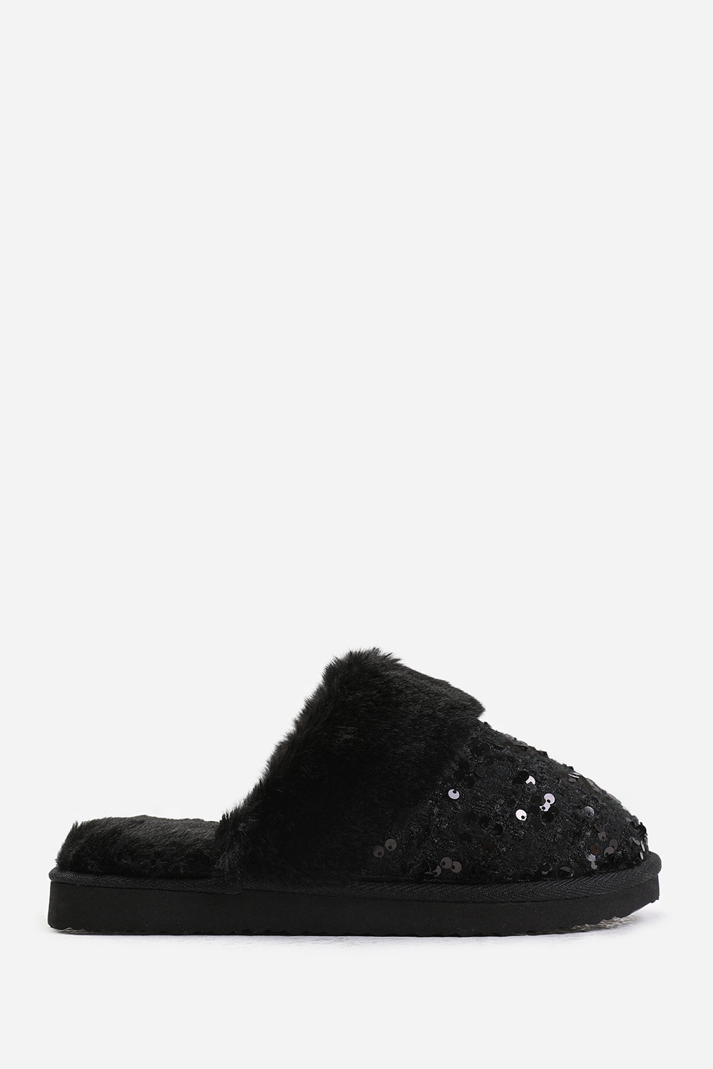 COZY SLIP ON SEQUIN SLIPPERS WITH FUR TRIM IN BLACK